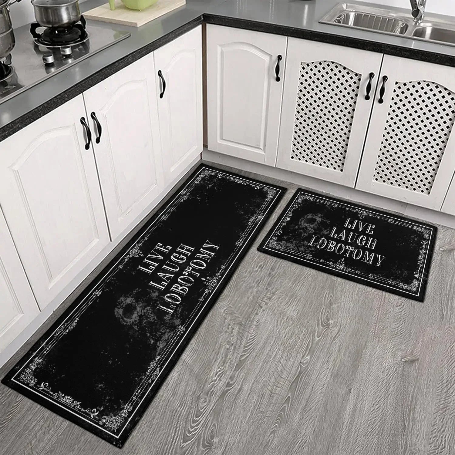 Goth Kitchen Mat Non Slip Halloween Spooky Kitchen Rugs - Black Goth Rug Skull Witchy Rug