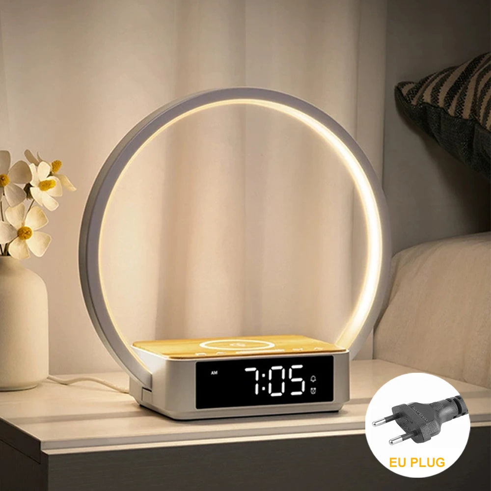 Bedside Night Light with Alarm Clock For Bedroom Touch Lamp with Wireless Charger