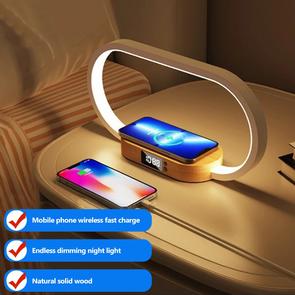 Bedside Night Light with Alarm Clock For Bedroom Touch Lamp with Wireless Charger