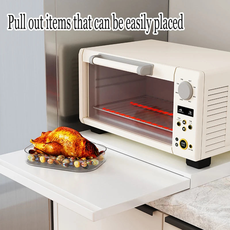 microwave storage rack, bottom pull-out tool, drawer style basket, oven bracket, sliding partition, pot and bowl rack