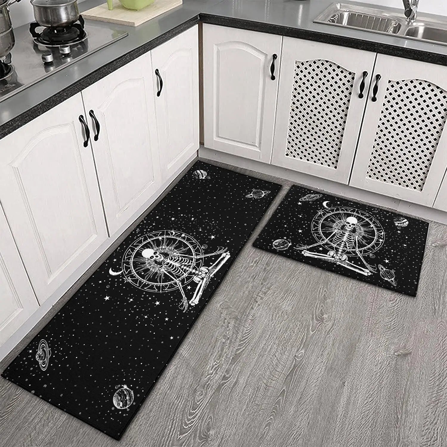 Goth Kitchen Mat Non Slip Halloween Spooky Kitchen Rugs - Black Goth Rug Skull Witchy Rug
